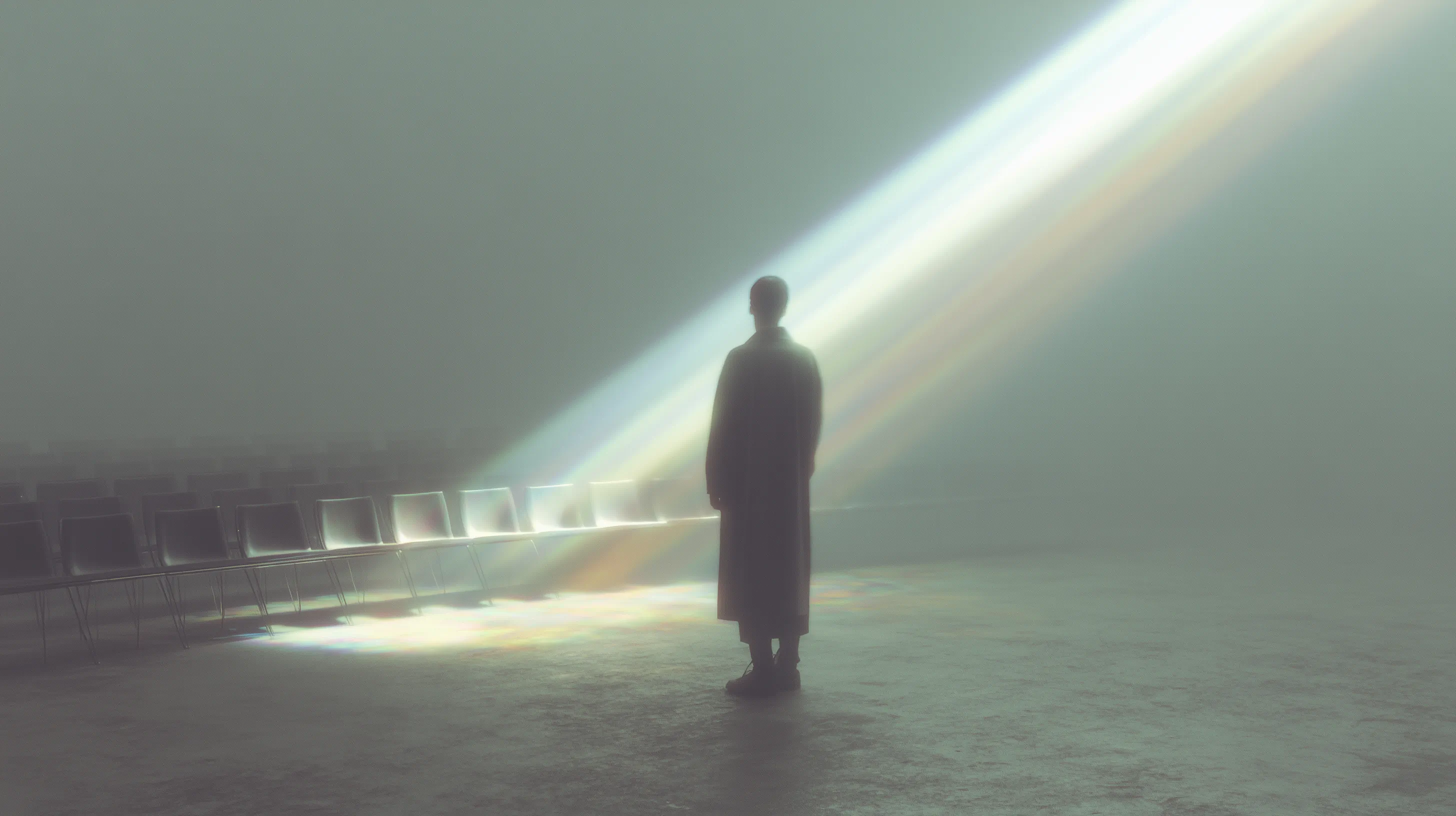 Solitary figure in misty hall